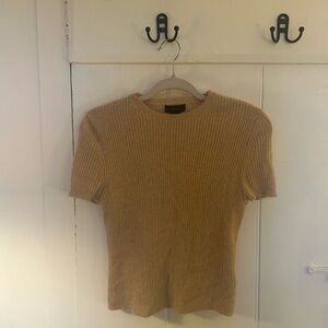 Tan Ribbed Short Sleeve Cashmere Sweater